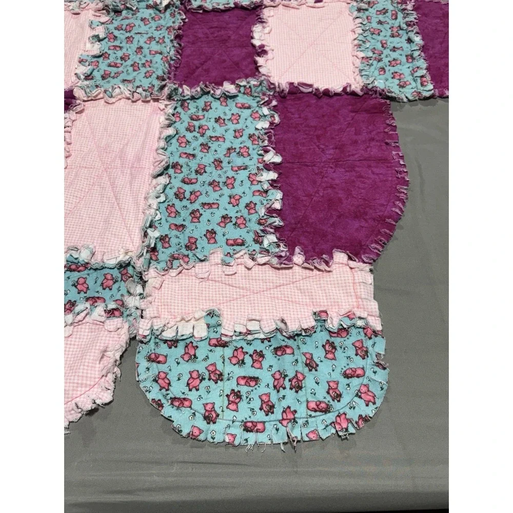Handmade Pig Baby Blanket Lot w Douglas Pig Plush Pink Teal Rag Quilt